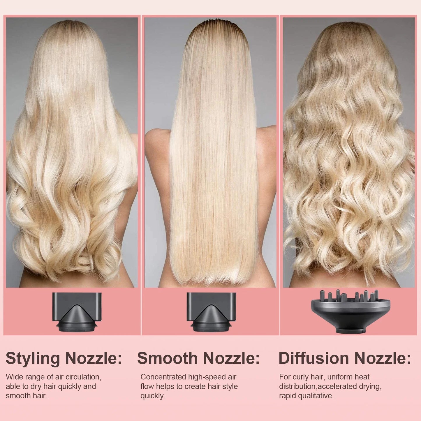 Ionic Hair Dryer with Diffuser,  1800W Blow Dryer for Hair Care, Powerful Hot/Cool Wind, Gray